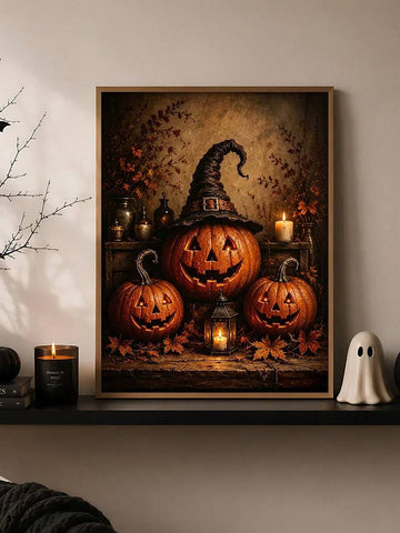 Framed canvas of three glowing jack-o-lanterns with a black witch hat, candle and autumn leaves