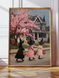 Little witches with pumpkin pails walking toward a Victorian house under a pink tree