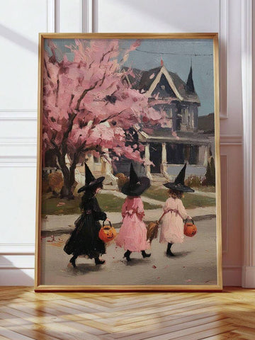 Little witches with pumpkin pails walking toward a Victorian house under a pink tree