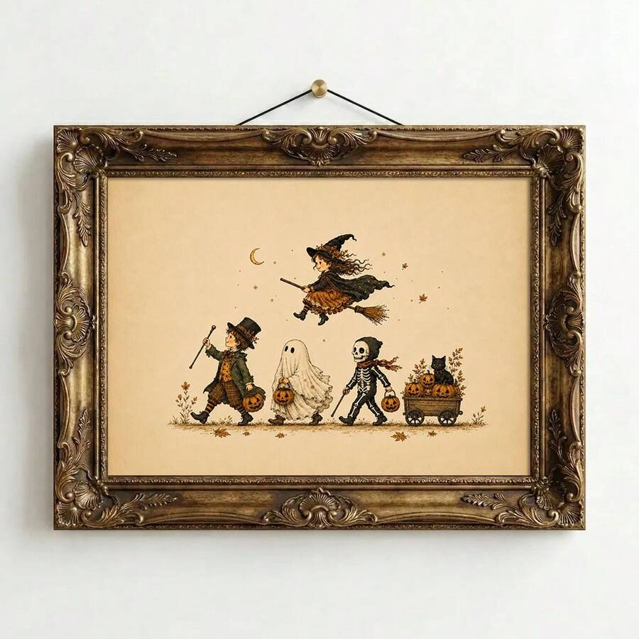 Vintage Halloween Parade Canvas poster with spooky cottagecore charm and nostalgic autumn style. Perfect for farmhouse, rustic, cottagecore, and fall decor.