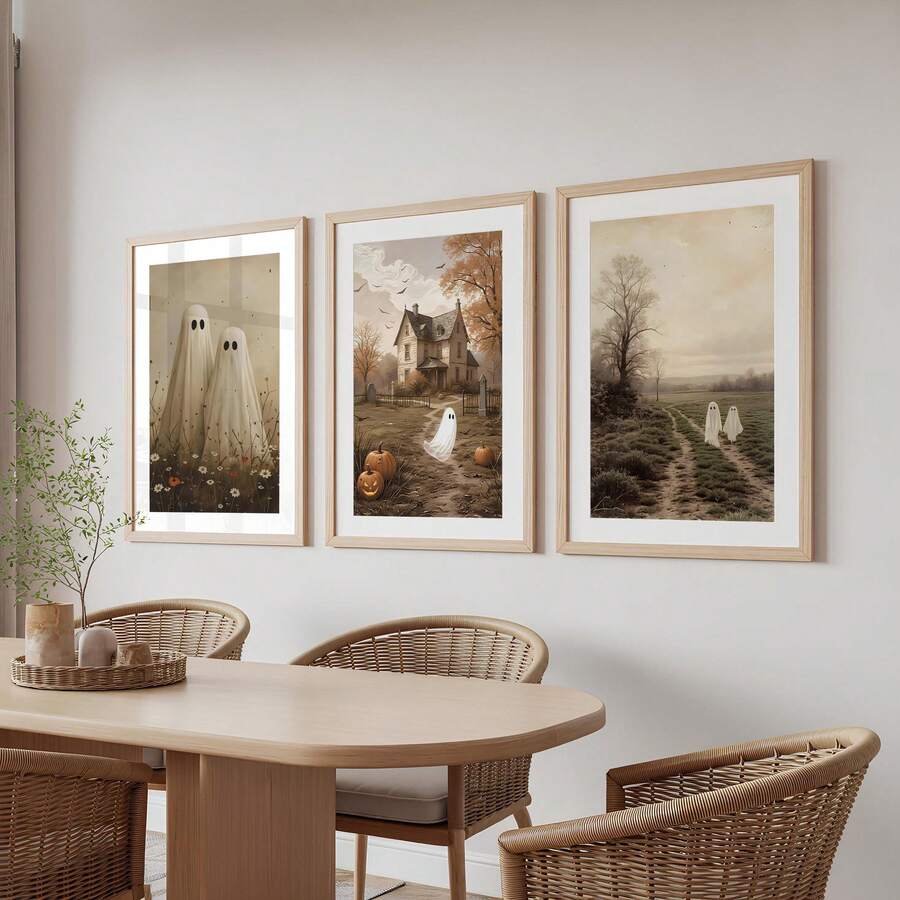 Three vintage Halloween ghost prints above dining table
