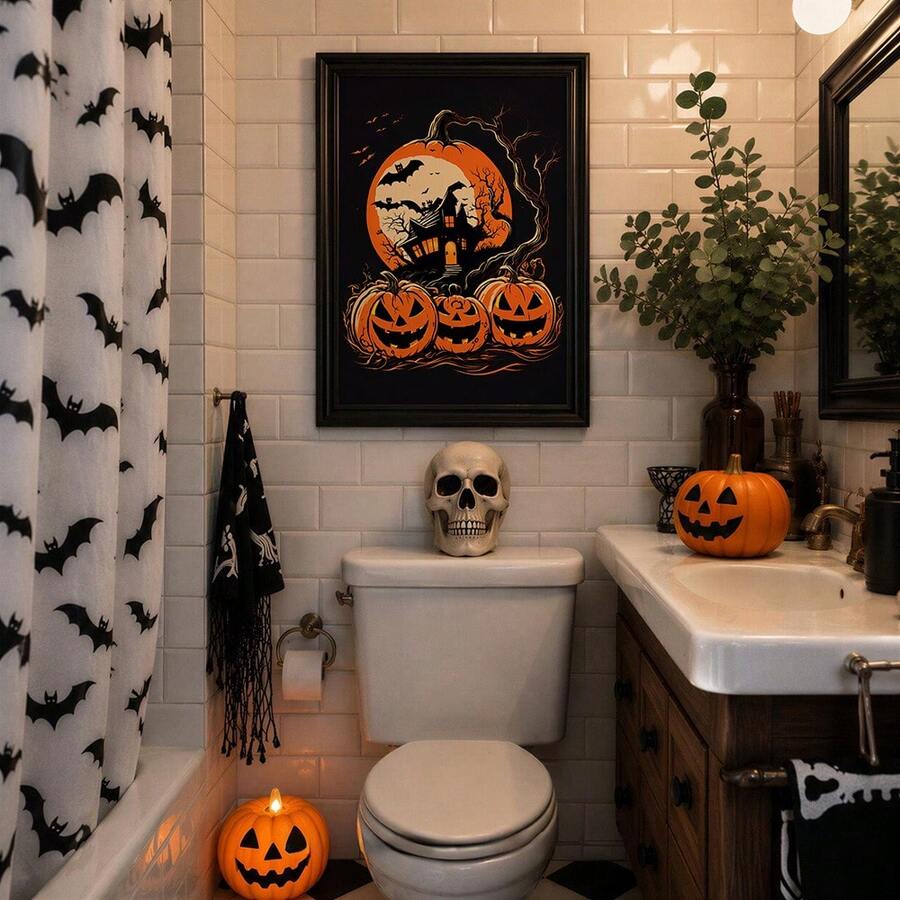 Framed Halloween haunted house and jack-o-lantern print above a bathroom toilet