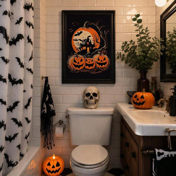 Framed Halloween haunted house and jack-o-lantern print above a bathroom toilet