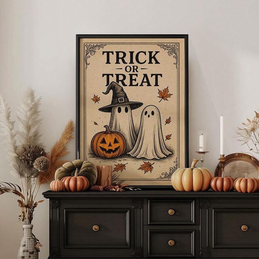 Vintage Halloween trick or treat ghost pumpkin canvas poster