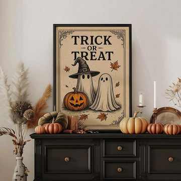 Vintage Halloween trick or treat ghost pumpkin canvas poster