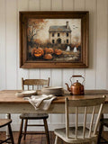 Dark wood framed haunted farmhouse Halloween art above a rustic dining table