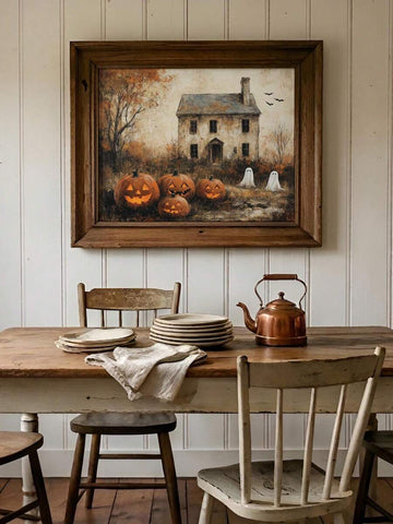 Dark wood framed haunted farmhouse Halloween art above a rustic dining table
