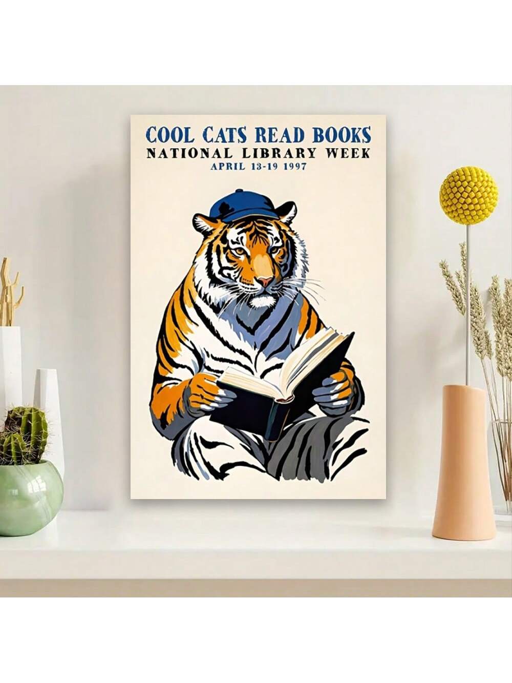 This vintage-inspired canvas print features a retro tiger enjoying a good read. With a professionally framed design, this wall art adds a touch of nostalgia and charm to any space. Perfect for home, office, or cafe, it's a unique and stylish accent that will surely catch the eye of any art lover.