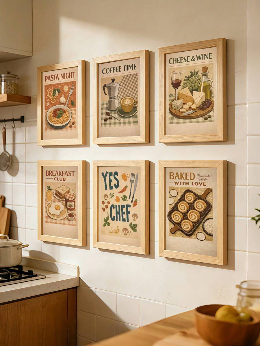 Italian kitchen wall art six piece food poster set