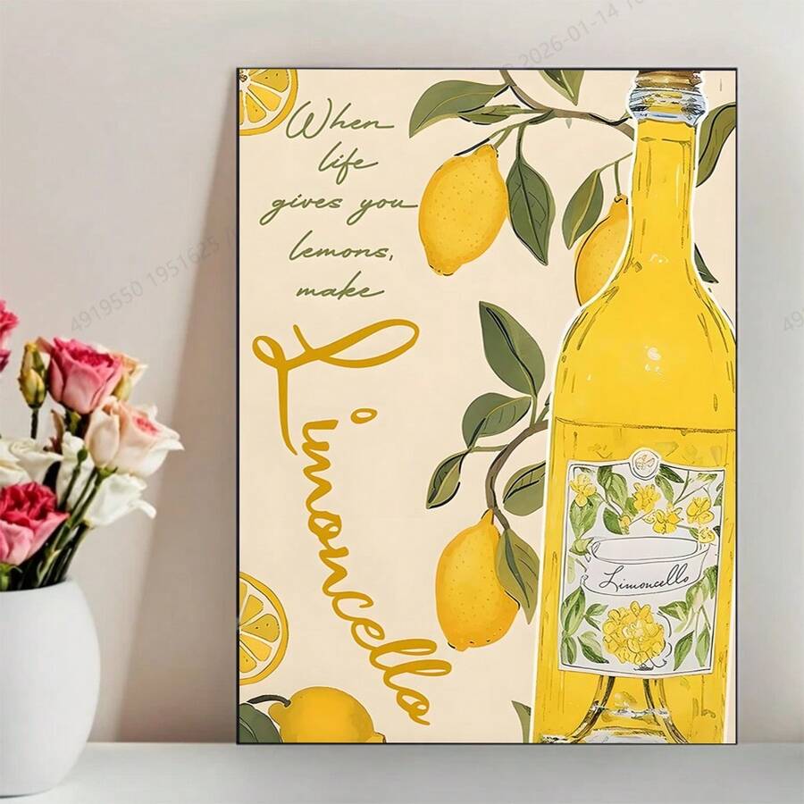 Yellow limoncello bottle and lemon branch canvas poster with handwritten lettering displayed beside a vase of pink and white roses