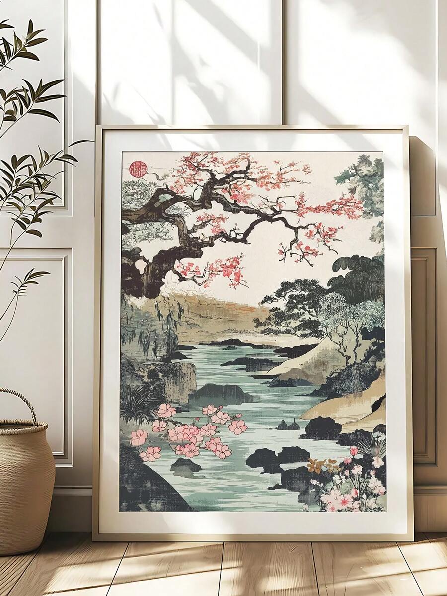 Cherry blossom wall art with river and pink blooms