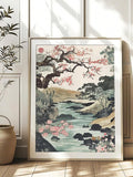 Cherry blossom wall art with river and pink blooms