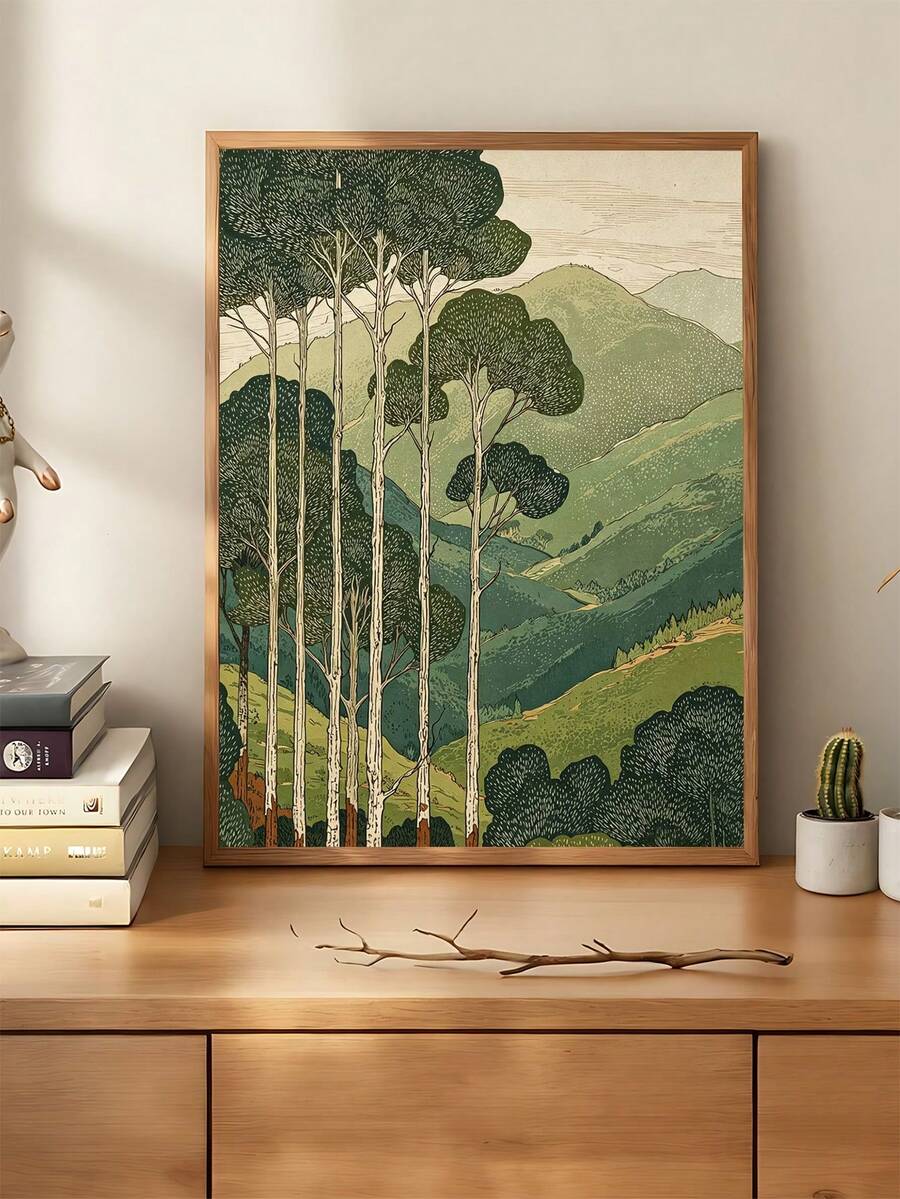 Green forest mountain Japanese wall art in light wood frame