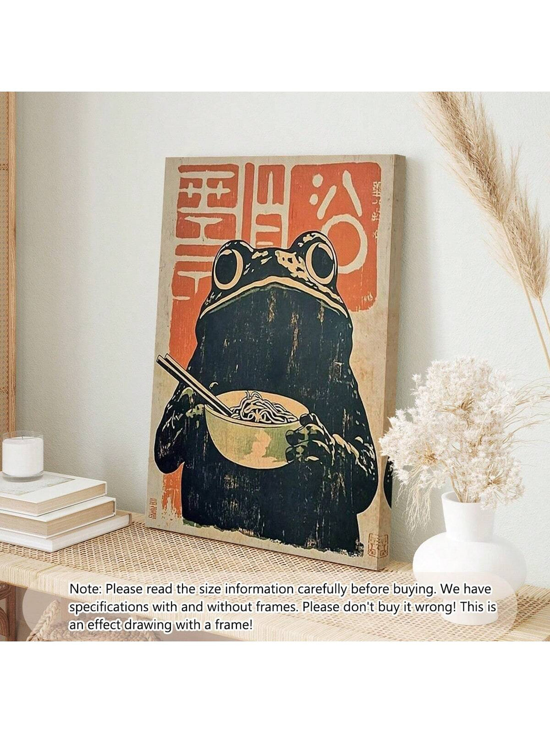 Enhance your living or bedroom space with this vintage Japanese style canvas art print featuring a charming frog enjoying a bowl of ramen. This unique wall decor blends traditional Japanese aesthetics with whimsical design, creating a focal point that adds character and cultural flair. Printed on high-quality canvas, it offers durability and vibrant colors, making it a sophisticated choice for art lovers and those seeking to personalize their interiors with a touch of playful elegance.