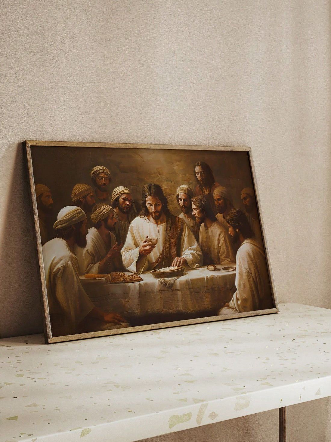 Enhance your Christian home decor with this vintage-style Jesus Christ canvas poster featuring the iconic Last Supper scene. Crafted to evoke timeless reverence, this wall art adds a meaningful focal point to any room. Its classic design and durable canvas material ensure lasting beauty, making it an ideal choice for those seeking to express faith through elegant and inspiring artwork.