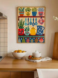 Colorful folk kitchen still life with flowers and tea cup