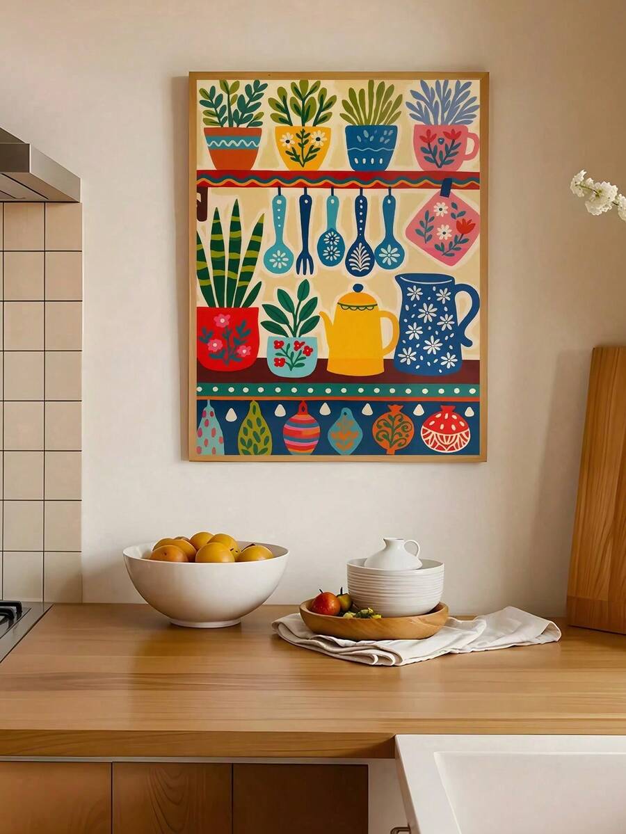 Colorful folk kitchen still life with flowers and tea cup