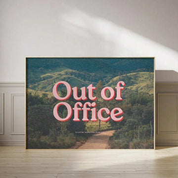 Add some vintage charm to your home décor with this stunning landscape wall art. Featuring a beautiful 'Out Of Office' poster, this piece not only adds aesthetic appeal, but also serves as a daily reminder to take some time for yourself and disconnect from the hustle and bustle of daily life. Elevate your space with this unique and timeless art.