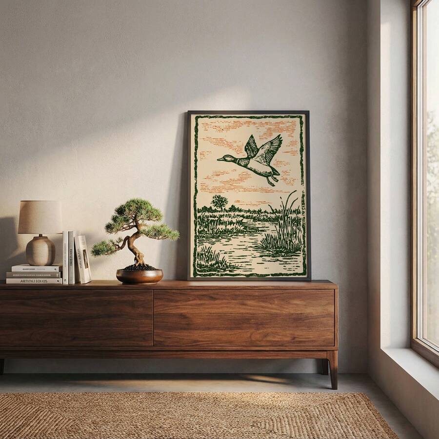 Bring timeless charm to any space with this striking vintage linocut duck wall art. Featuring a rustic flying waterfowl design rendered in rich, earthy tones, this canvas print captures the elegance of traditional printmaking techniques. Perfect for living rooms, bedrooms, offices, or dining areas, it adds character and warmth to your home décor.