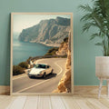 Vintage luxury car Canvas poster featuring a scenic coastal drive and retro style. Perfect for garages, living rooms, offices, cabins, and car lovers.