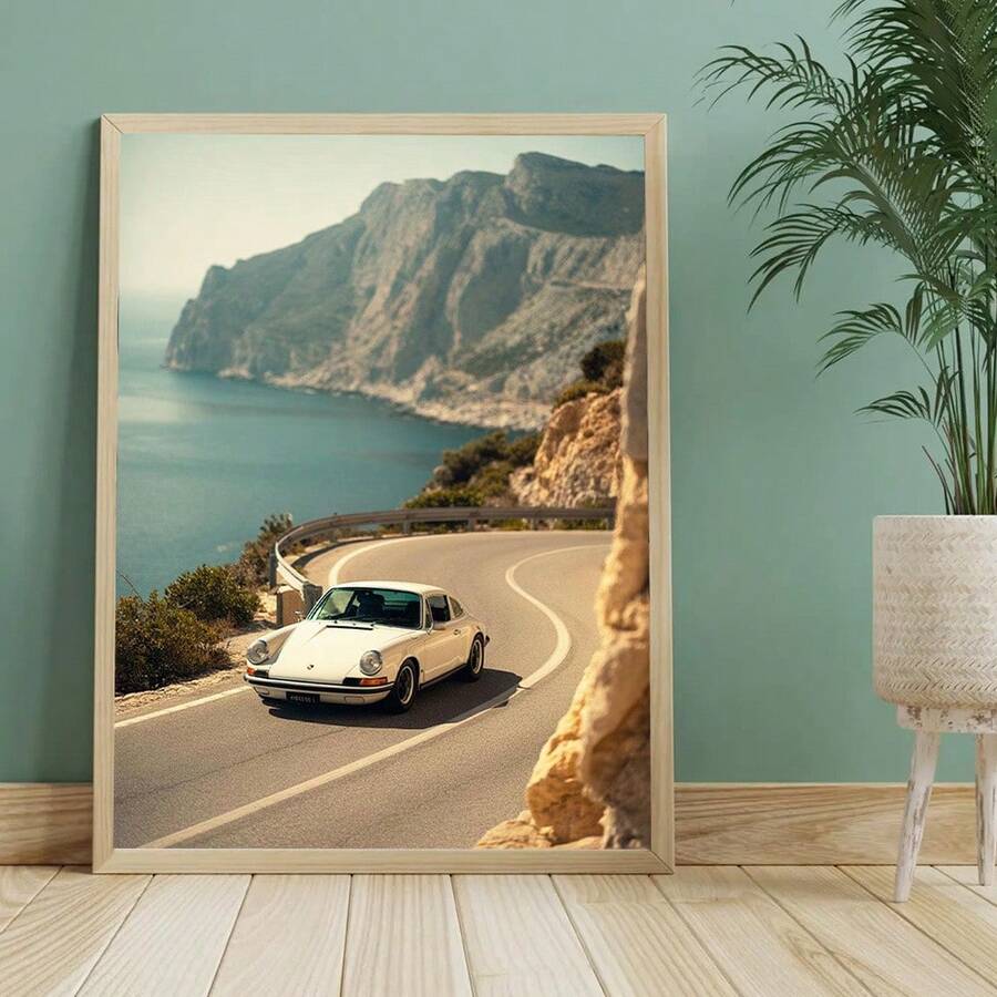 Vintage luxury car Canvas poster featuring a scenic coastal drive and retro style. Perfect for garages, living rooms, offices, cabins, and car lovers.