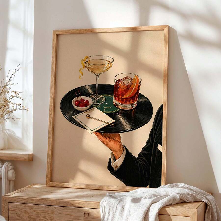 Martini wall art with cocktails on vinyl record tray