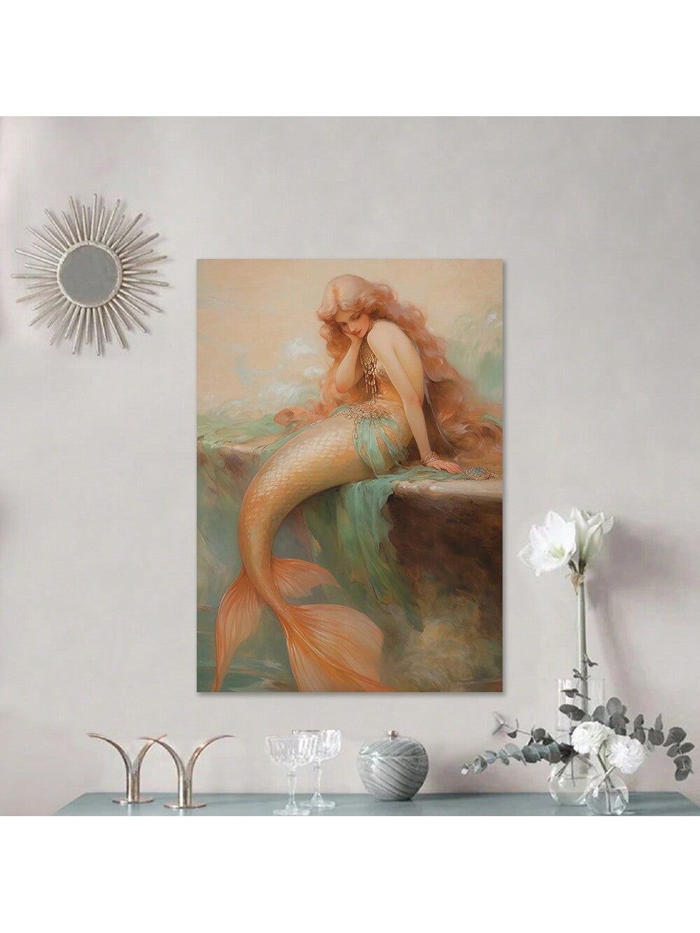 Elevate your home decor with our Vintage Mermaid Poster. This stunning piece of art adds a touch of aesthetic to any space. Transform your walls into a statement with our beautifully designed vintage mermaid. Bring a unique and charming touch to your home with this timeless poster.