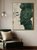 Abstract female face line art in emerald cream and gold tones