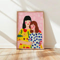 Mother and daughter canvas poster leaning on white wall