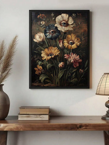 Surreal eye flower botanical poster above wood console