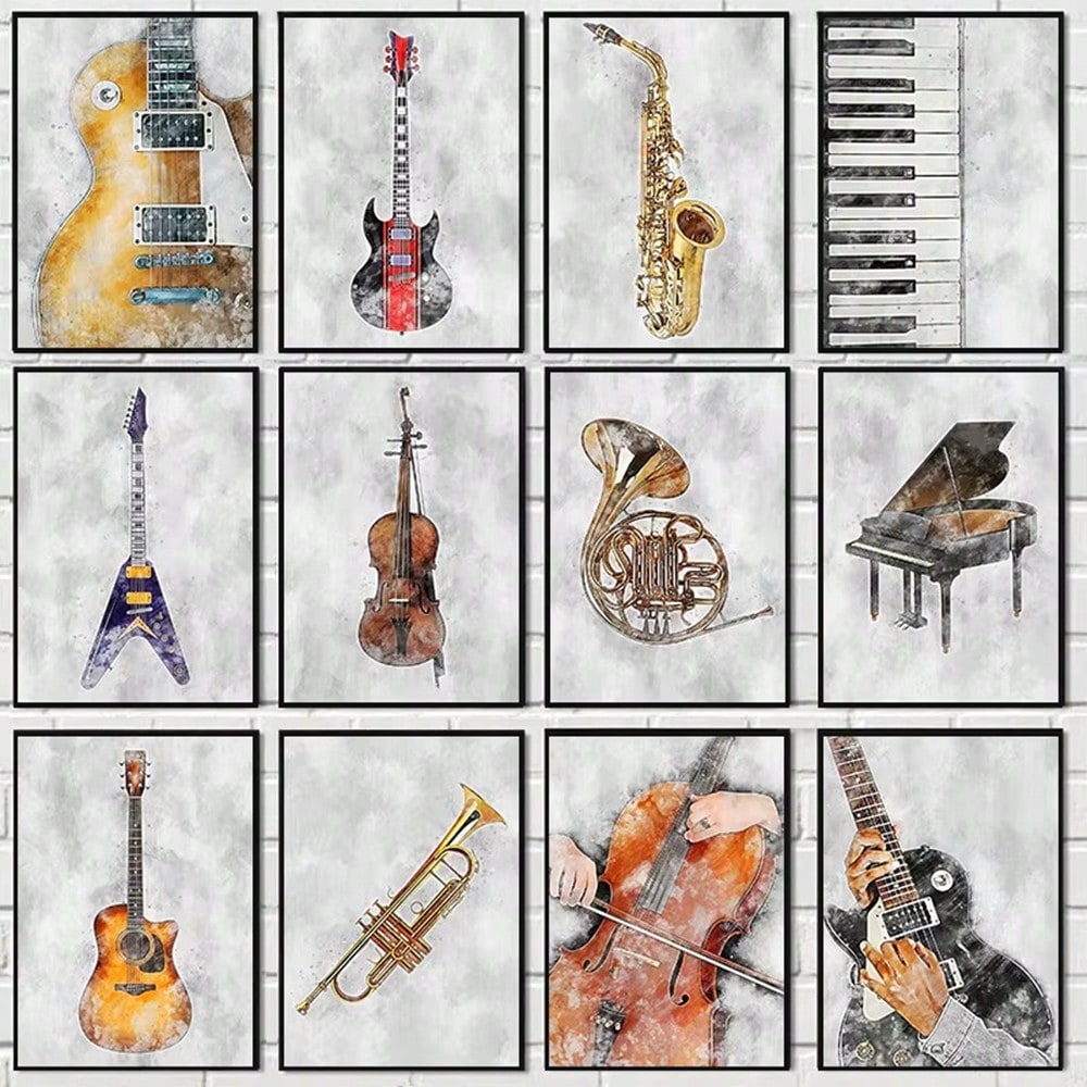 Celebrate the timeless charm of music with this Vintage Musical Instruments Watercolor Canvas Art Poster. Expertly crafted with delicate watercolor details, this frameless wall décor adds a sophisticated artistic touch to any home interior. Its subtle hues and classic design create a harmonious ambiance, perfect for music lovers and art enthusiasts seeking to elevate their living space with refined elegance.