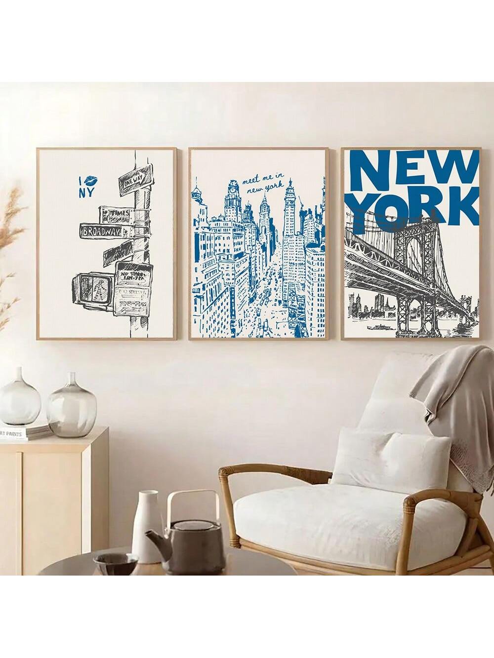 Enhance your living space with this set of three vintage New York City travel prints. Featuring elegant blue typographic designs, these artworks bring a timeless aesthetic that complements various interior styles. Perfect for home decor, each print highlights the iconic charm of NYC while adding subtle sophistication to your walls. Crafted to capture nostalgic appeal, this set is ideal for collectors and city lovers seeking refined visual interest in their environment