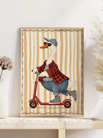 Framed goose riding red scooter wall art with red plaid shirt