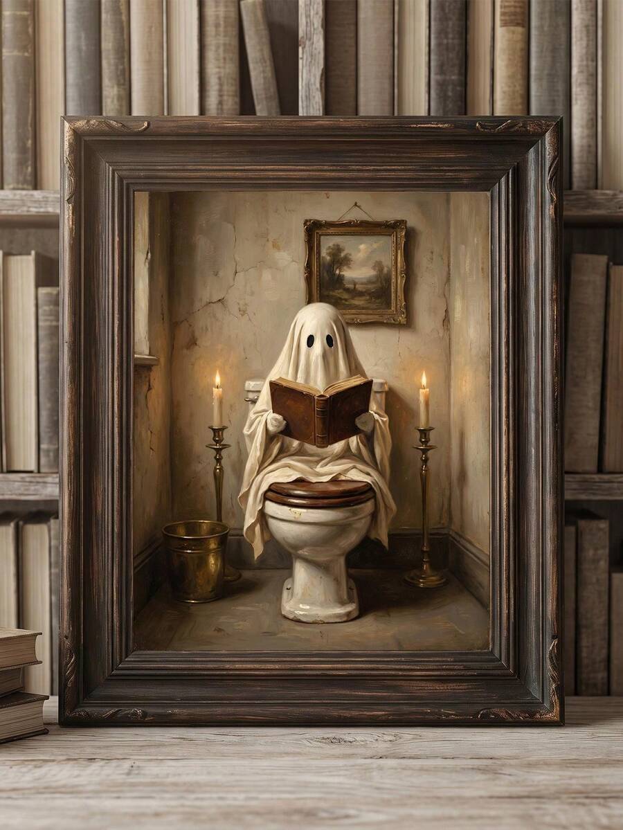 Vintage ghost reading on a toilet bathroom wall art