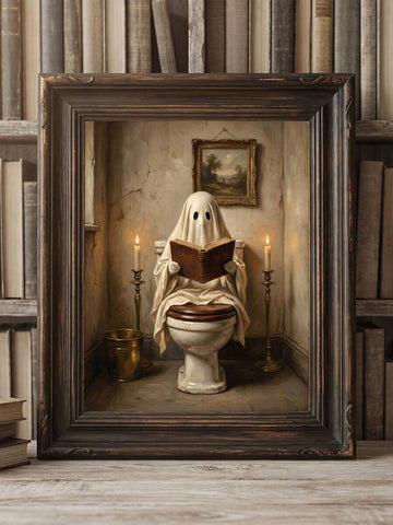 Vintage ghost reading on a toilet bathroom wall art