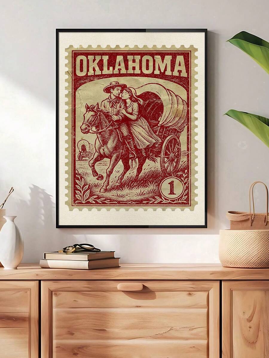 Vintage Oklahoma stamp canvas poster in a black frame above a wood cabinet
