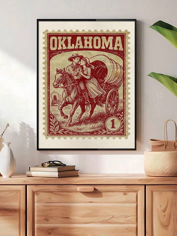Vintage Oklahoma stamp canvas poster in a black frame above a wood cabinet
