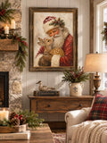 Framed old-world Santa Claus canvas poster showing Santa holding a spotted deer in a warm painterly Christmas scene