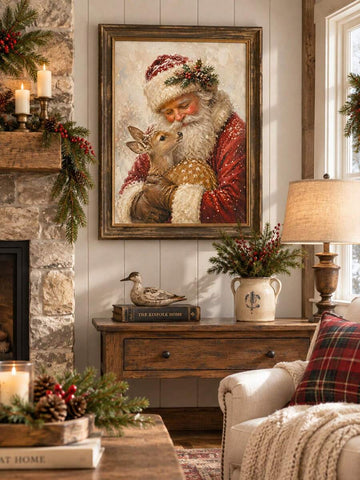 Framed old-world Santa Claus canvas poster showing Santa holding a spotted deer in a warm painterly Christmas scene