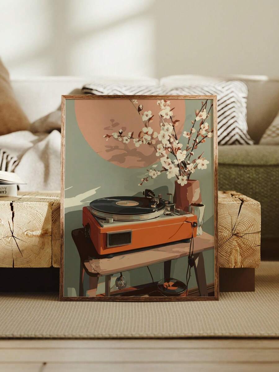 Orange vinyl record player cherry blossom canvas poster