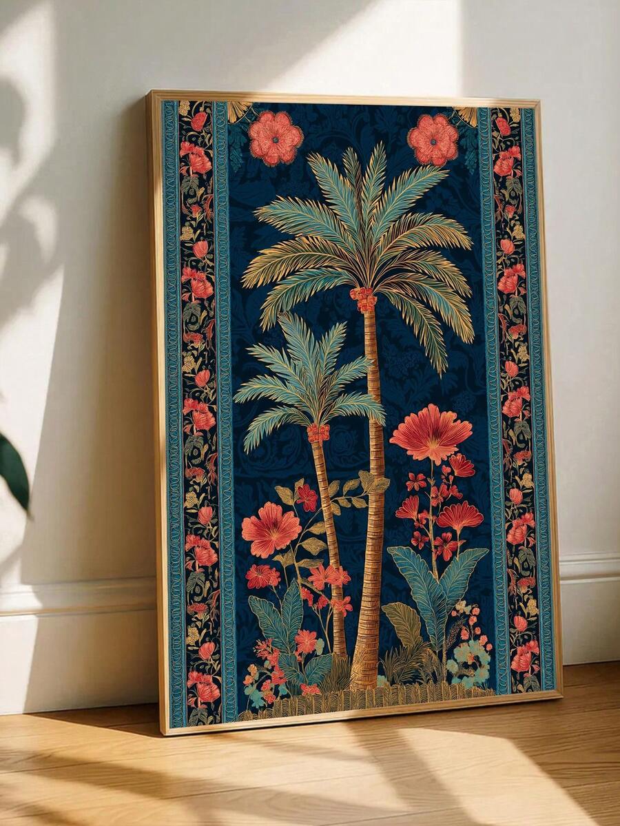 Vintage-style navy palm tree botanical poster with coral flowers and floral side borders in light wood frame