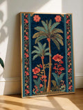 Vintage-style navy palm tree botanical poster with coral flowers and floral side borders in light wood frame