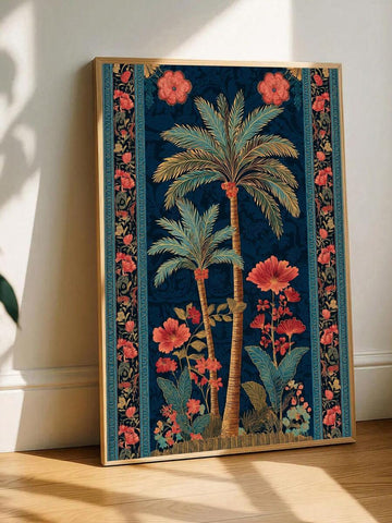 Vintage-style navy palm tree botanical poster with coral flowers and floral side borders in light wood frame