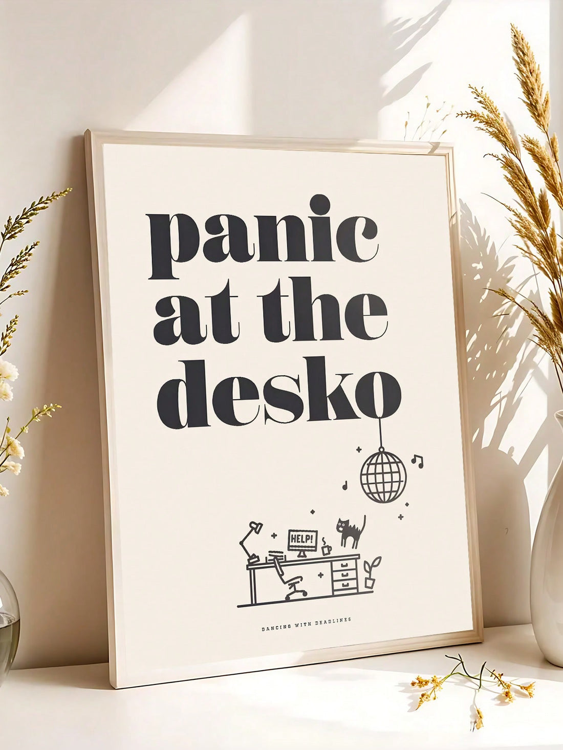 Bring witty charm to your workspace with this vintage-inspired "Panic At The Desko" poster. A clever play on words that resonates with anyone who's experienced workplace stress, this humorous print combines retro aesthetics with modern office culture commentary. Perfect for cubicles, home offices, or creative studios, it serves as both a conversation starter and a lighthearted reminder not to take work too seriously.