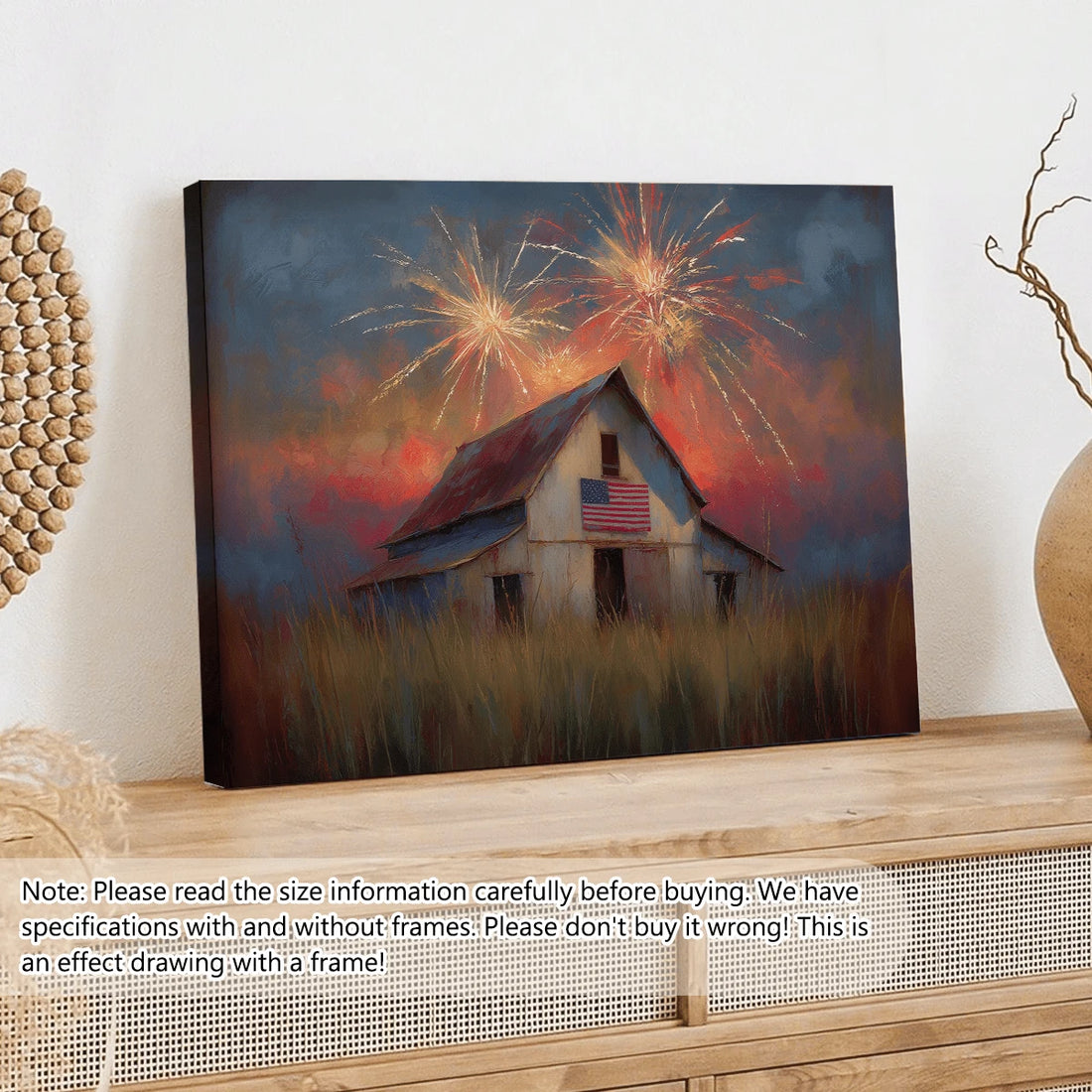 Gold framed barn fireworks canvas on wall