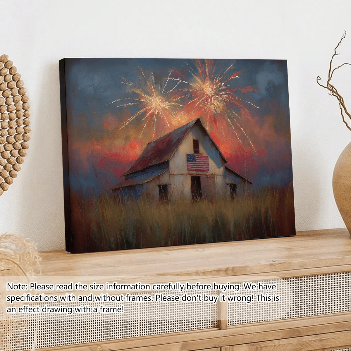 Patriotic barn canvas poster on wood console