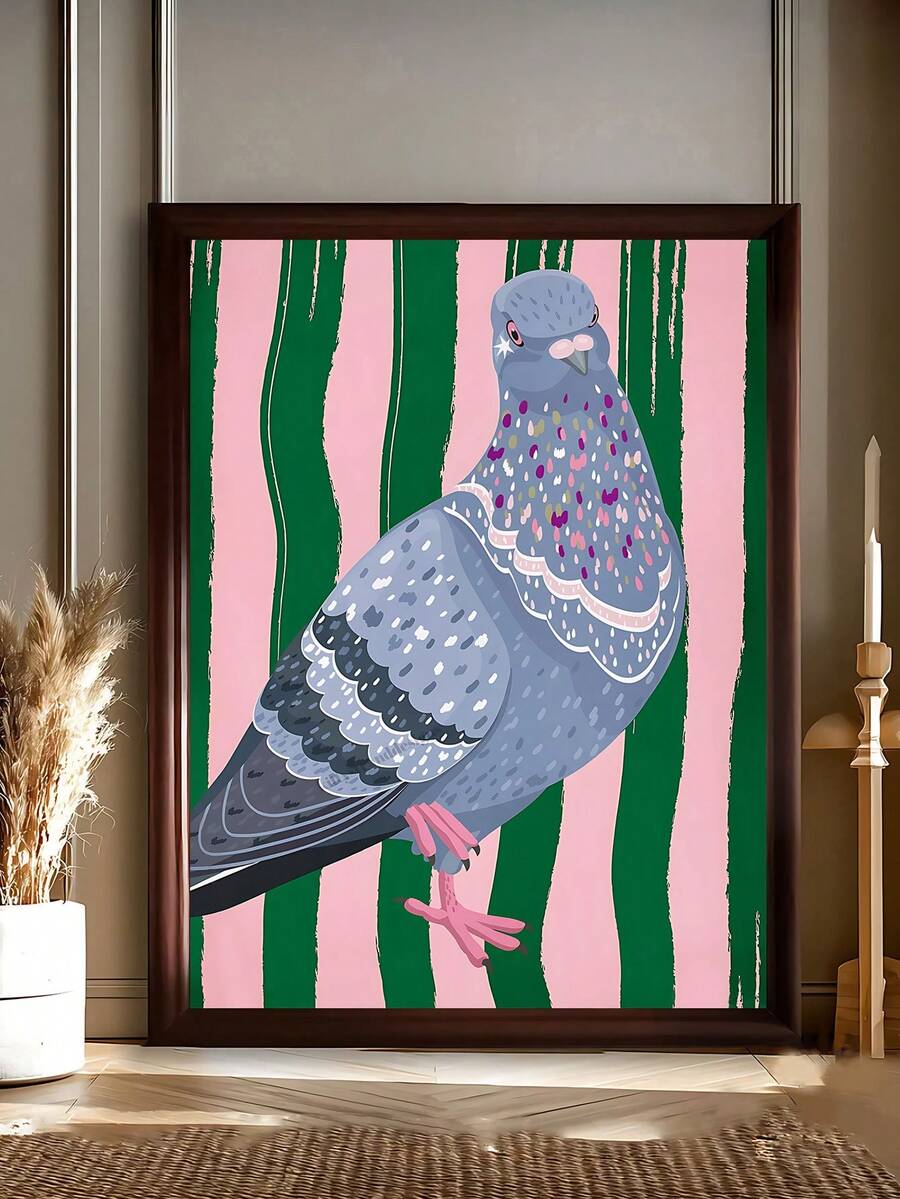 Bring vibrant personality to your space with this stunning Vintage Pink Green Pigeon Art Print. Perfect for animal lovers and maximalist enthusiasts, this eye-catching piece features bold colors and dynamic striped patterns that command attention on any wall.