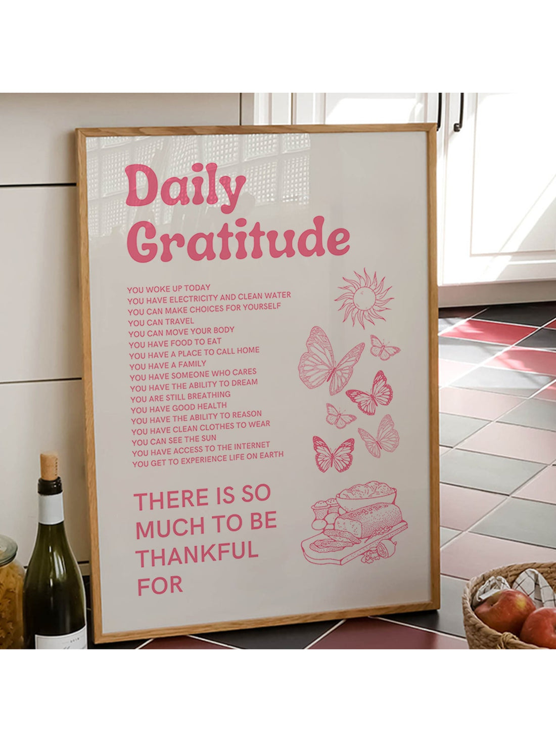 Transform your space with this charming vintage-inspired motivational poster featuring delicate sunflower and butterfly imagery in soft pink tones. Perfect for bedrooms, kitchens, or living areas, this aesthetic canvas art combines uplifting gratitude messaging with timeless botanical design.