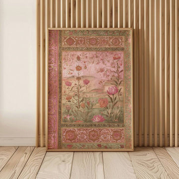 Persian botanical canvas on wood slat wall