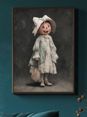 Gothic Halloween canvas poster of pumpkin-headed lady in ivory vintage dress